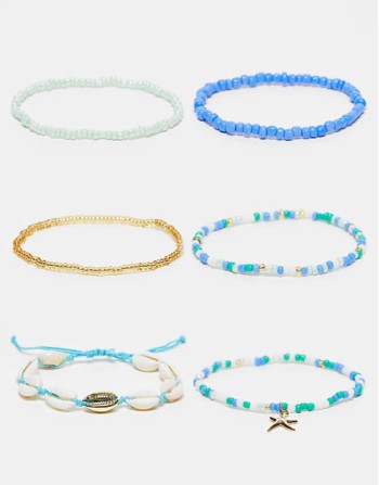 pack of 6 beaded and shell bracelets with starfish charm in blue and gold