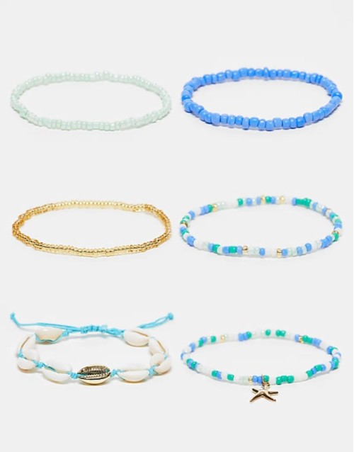 pack of 6 beaded and shell bracelets with starfish charm in blue and gold