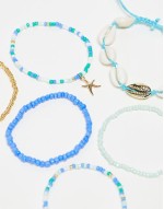 pack of 6 beaded and shell bracelets with starfish charm in blue and gold