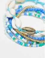 pack of 6 beaded and shell bracelets with starfish charm in blue and gold